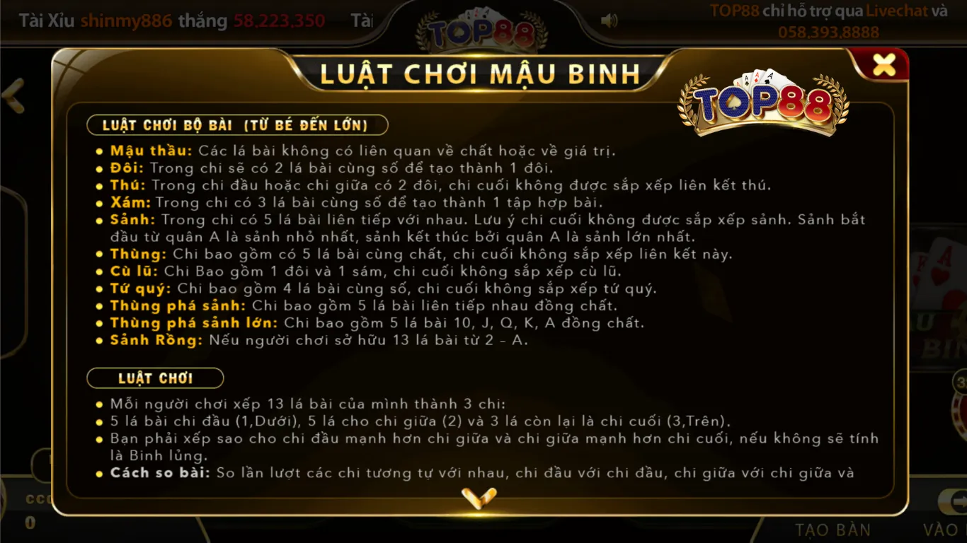 Luật chơi mậu binh tại Top88